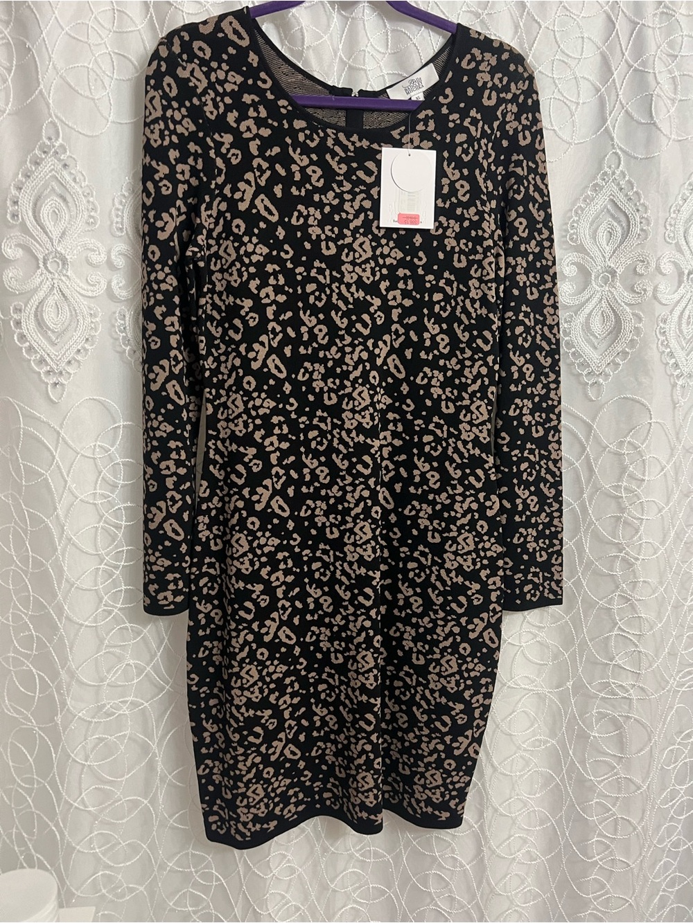 Badgley Mischka Black Dress with Beige Leopard Print Long Sleeve
